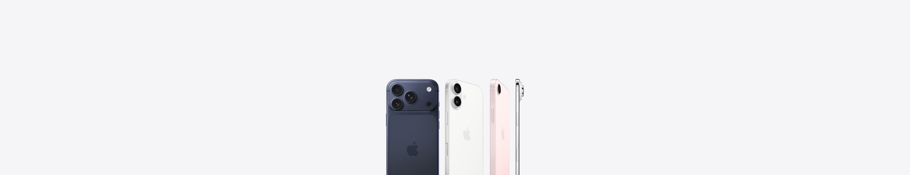深蓝色 iPhone 17 Pro，背面外观展示机身左上角的 Pro 级融合式摄像头系统和机身中央的 Apple 标志；白色 iPhone 17，背面外观展示机身左上角的融合式双摄系统和机身中央的 Apple 标志；浅粉色 iPhone 17e，背面外观展示机身左上角的融合式摄像头系统和机身中央的 Apple 标志；iPhone Air，侧面外观展示钛金属边框轮廓和机身左上角的融合式摄像头系统。