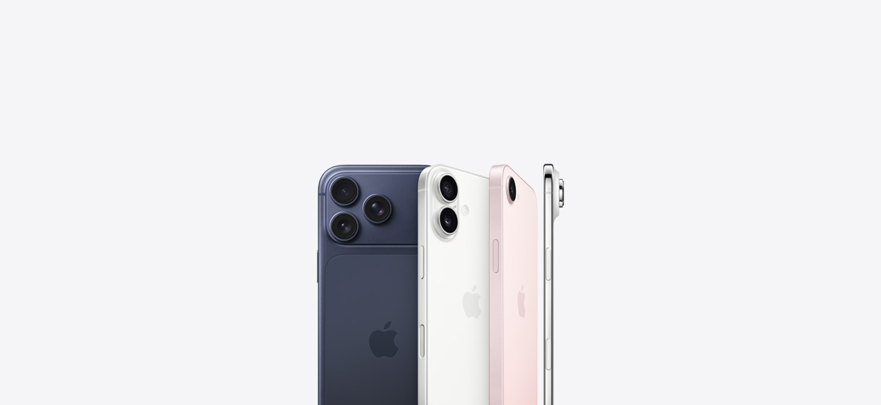 深蓝色 iPhone 17 Pro，背面外观展示机身左上角的 Pro 级融合式摄像头系统和机身中央的 Apple 标志；白色 iPhone 17，背面外观展示机身左上角的融合式双摄系统和机身中央的 Apple 标志；浅粉色 iPhone 17e，背面外观展示机身左上角的融合式摄像头系统和机身中央的 Apple 标志；iPhone Air，侧面外观展示钛金属边框轮廓和机身左上角的融合式摄像头系统。