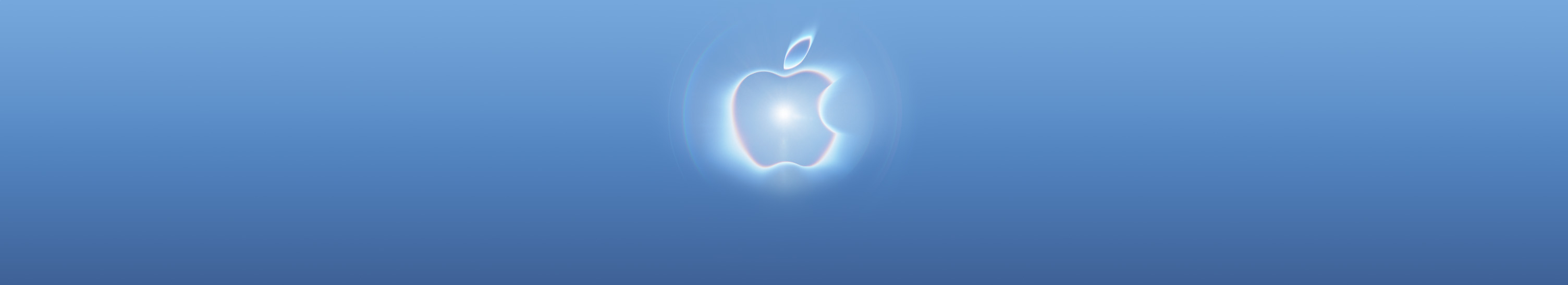渐变背景上，Apple 标志散发着蓝色与粉红色调的霓虹光，标志中央闪耀亮白色光芒。