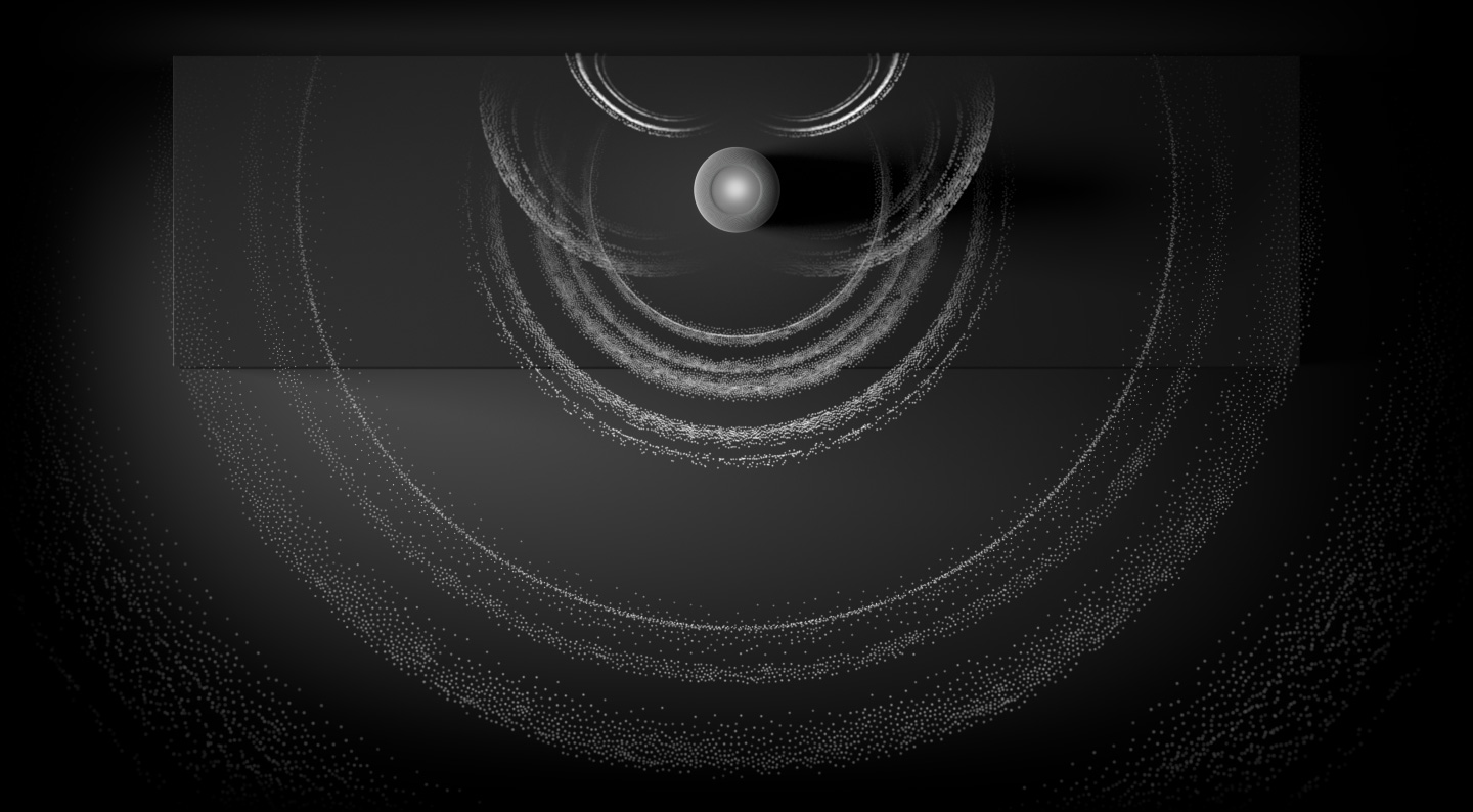 HomePod 的俯视图，动画展示 HomePod 发出如波浪般向外荡漾的声音粒子，形象地表现空间音频功能