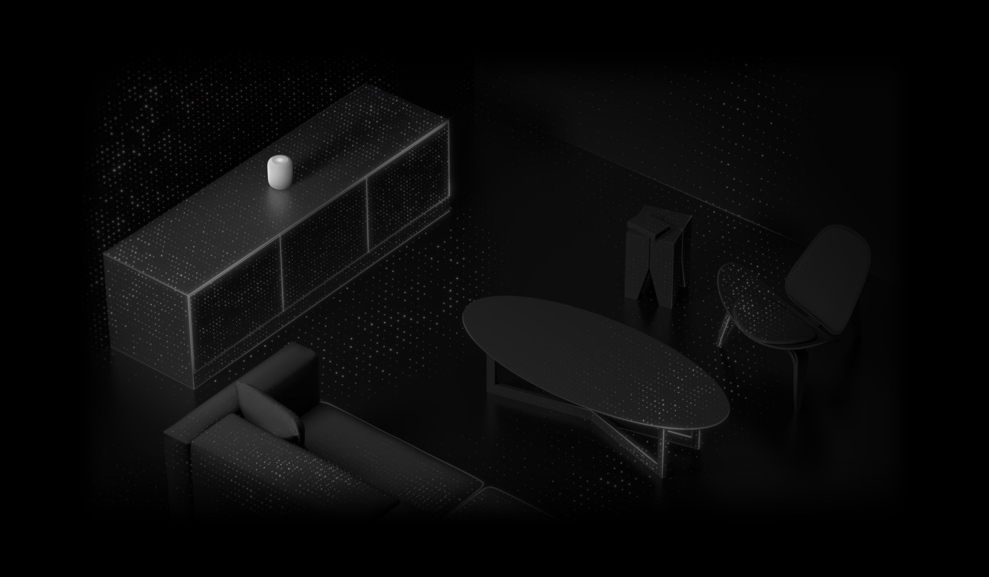 室内空间感知功能的视觉化呈现。动画显示 HomePod 放置在房间内的柜子上，以 HomePod 为中心向外散播光线粒子，照亮房间内的其他物体，包括沙发、咖啡桌、边几、椅子。