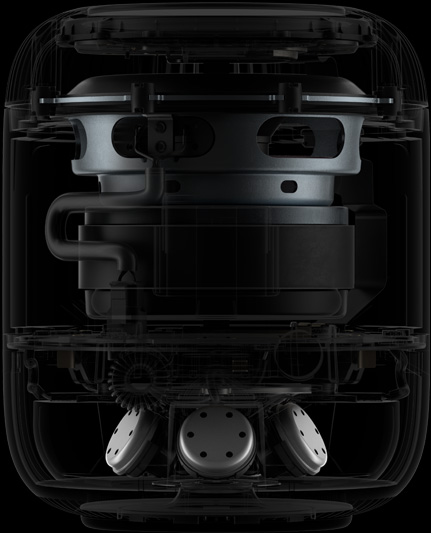 HomePod 侧面内部结构图，展示内部主要组件。