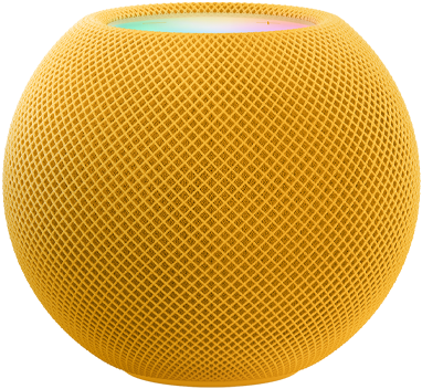 黄色 HomePod mini，上方呈现动态多彩像素拼成的“mini”字样。
