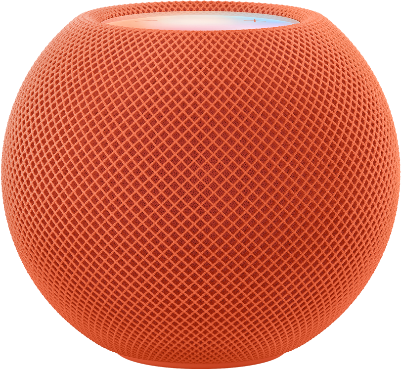 橙色 HomePod mini，上方呈现动态多彩像素拼成的“mini”字样。