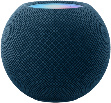 蓝色 HomePod mini，上方呈现动态多彩像素拼成的“mini”字样。