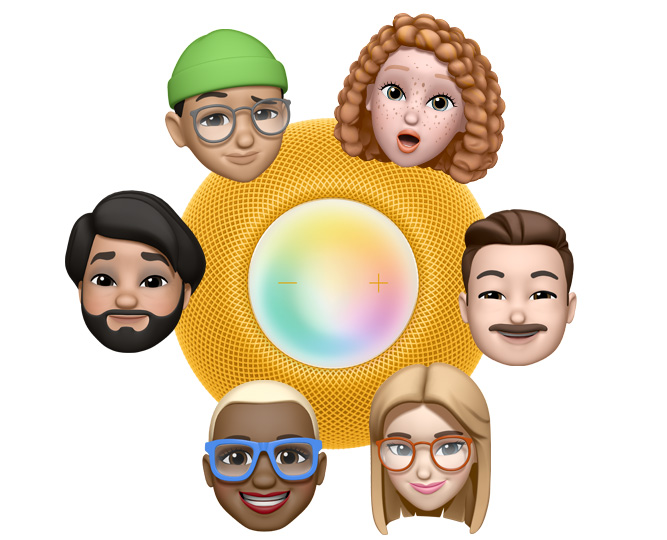 六个不同的拟我表情形象环绕在黄色 HomePod mini 俯视图的四周。其中三个角色在蓝色对话气泡中说“嘿 Siri”。