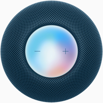 蓝色 HomePod mini 俯视图，显示加/减音量控制以及下方的多彩显示屏。