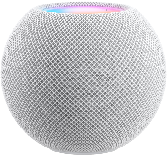 白色 HomePod mini 边缘上方露出一小部分彩色顶盖。