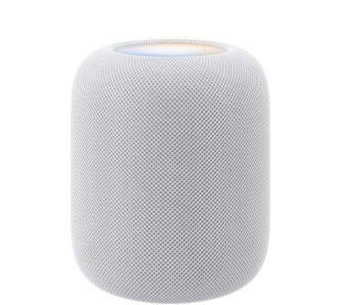 白色 HomePod (第二代) 的正面外观，展示圆柱形设计和无缝声学网面织物；顶部外观，展示平坦的背光触控面板和多色光晕。