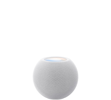 白色 HomePod mini 2 的正面外观，展示紧凑的球形设计和无缝声学网面织物；顶部外观，展示平坦的背光触控面板和多色光晕。