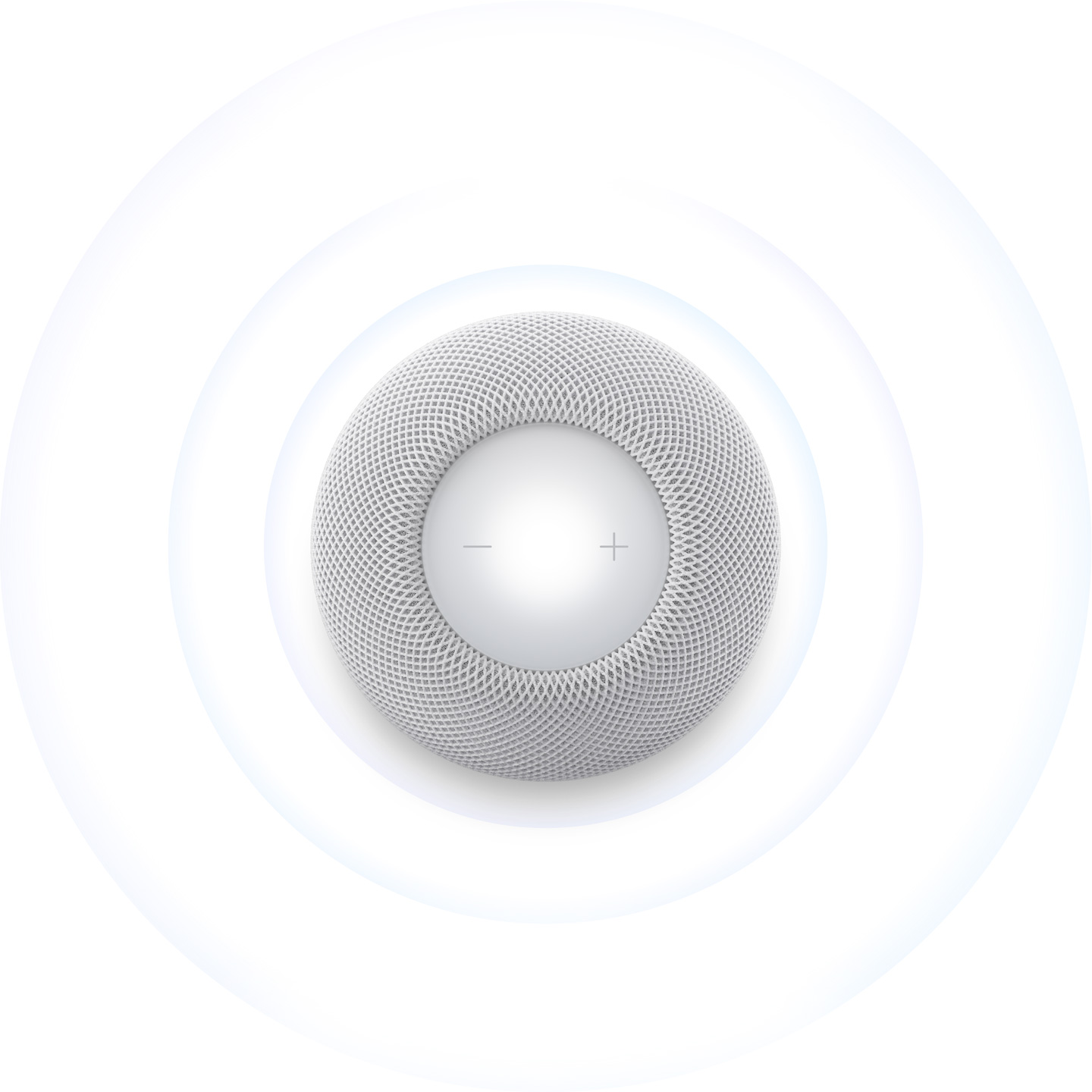 白色 HomePod mini 2 的顶部外观，柔和的蓝色同心圆声波从扬声器向外扩散。