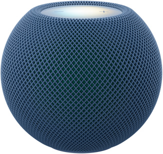 蓝色 (深蓝色系) HomePod mini 2 的正面外观，展示紧凑的球形设计和无缝声学网面织物；顶部外观，展示平坦的背光触控面板和多色光晕。