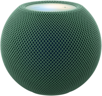 绿色 (深绿色系) HomePod mini 2 的正面外观，展示紧凑的球形设计和无缝声学网面织物；顶部外观，展示平坦的背光触控面板和多色光晕。