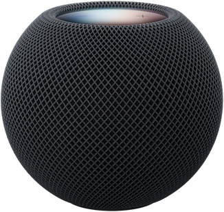 午夜色 HomePod mini 2 的正面外观，展示紧凑的球形设计和无缝声学网面织物；顶部外观，展示平坦的背光触控面板和多色光晕。