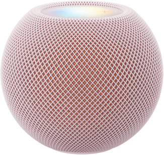 粉色 (浅粉色系) HomePod mini 2 的正面外观，展示紧凑的球形设计和无缝声学网面织物；顶部外观，展示平坦的背光触控面板和多色光晕。