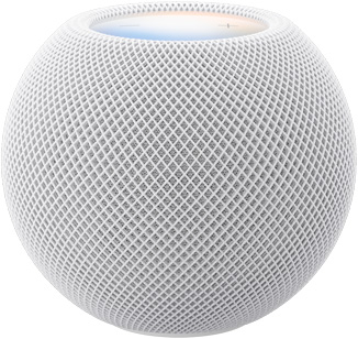 白色 HomePod mini 2 的正面外观，展示紧凑的球形设计和无缝声学网面织物；顶部外观，展示平坦的背光触控面板和多色光晕。