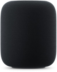 午夜色 HomePod 的正面外观，展示圆柱形设计和无缝声学网面织物。