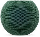 绿色 HomePod mini 2 的正面外观，展示紧凑的球形设计和无缝声学网面织物。