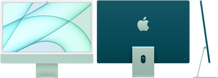 绿色 iMac 的正视图、后视图及侧视图
