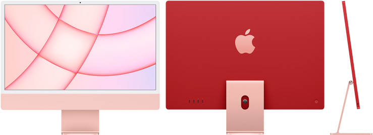 粉色 iMac 的正视图、后视图及侧视图
