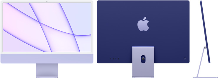 紫色 iMac 的正视图、后视图及侧视图