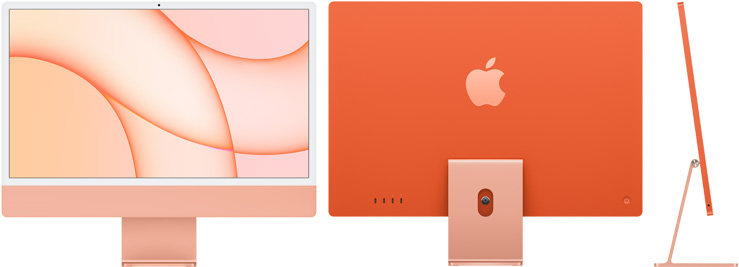 橙色 iMac 的正视图、后视图及侧视图
