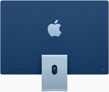蓝色 iMac 立在底座上，Apple 标志位于背部居中的位置