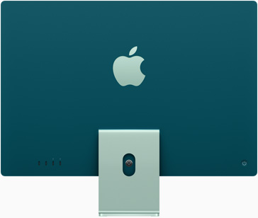 绿色 iMac 立在底座上，Apple 标志位于背部居中的位置