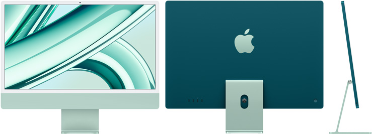 绿色 iMac 的正视图、后视图及侧视图