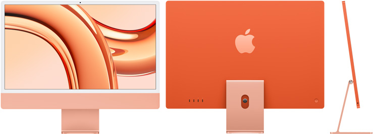 橙色 iMac 的正视图、后视图及侧视图