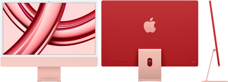 粉色 iMac 的正视图、后视图及侧视图