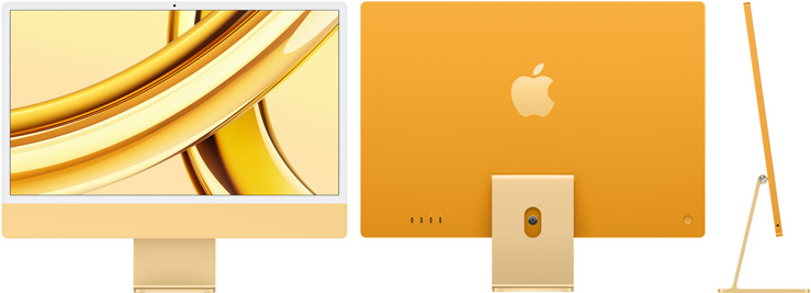 黄色 iMac 的正视图、后视图及侧视图