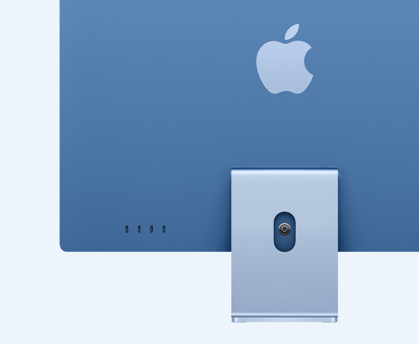 蓝色 iMac 背面外观，突出展示 4 个 USB-C 端口。
