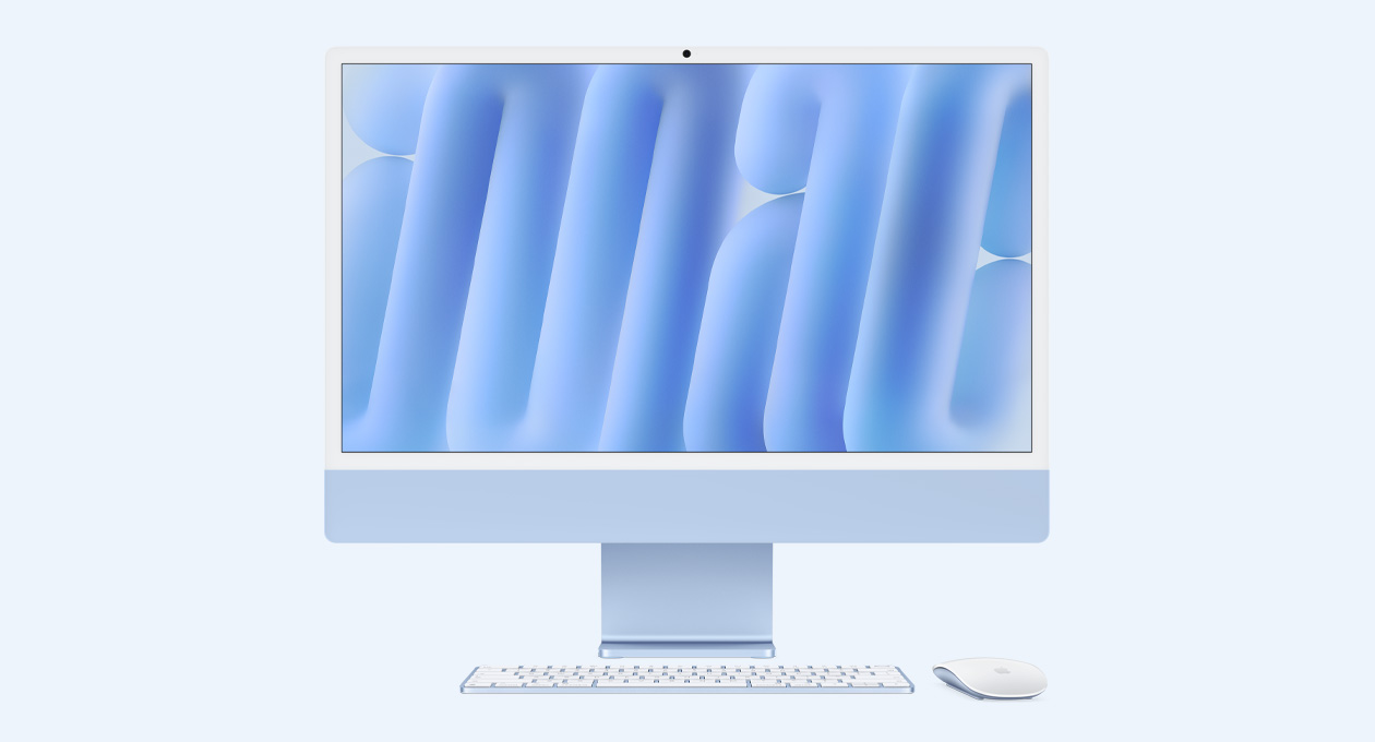 蓝色 iMac 正面外观，搭配同色系妙控鼠标和妙控键盘。