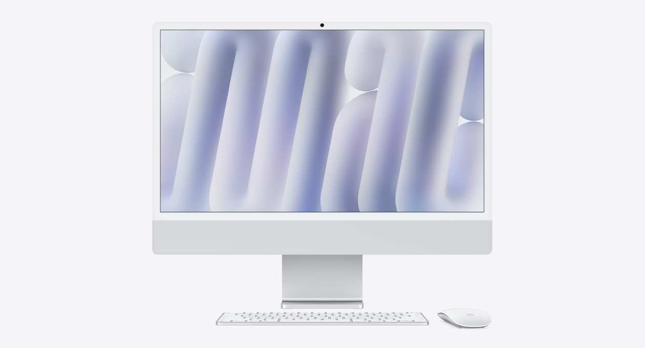 银色 iMac 正面外观，搭配同色系妙控鼠标和妙控键盘。