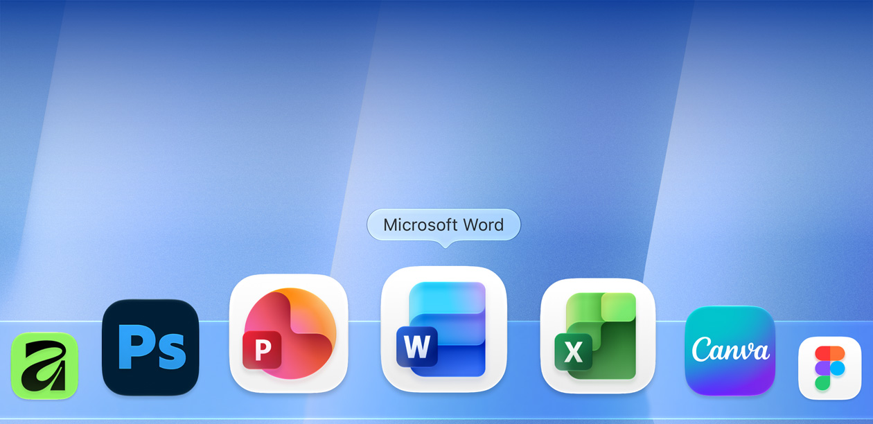 程序坞显示多个 app 图标，包括 Adobe Photoshop、Microsoft PowerPoint、Microsoft Word、Microsoft Excel 和 Canva。