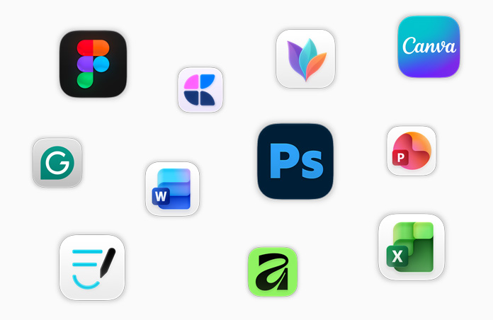 屏幕上漂浮着多个 app 图标，包括 Adobe Photoshop、Canva、Microsoft Excel 和 Figma。