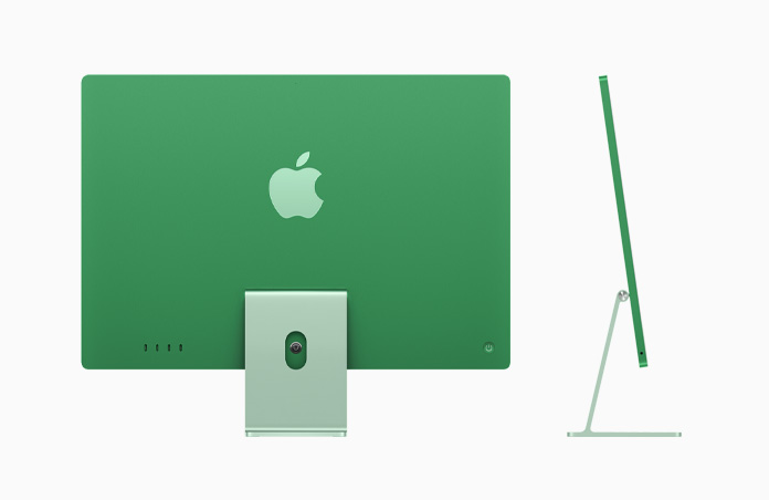 绿色 iMac 背面外观。绿色 iMac 侧面外观。