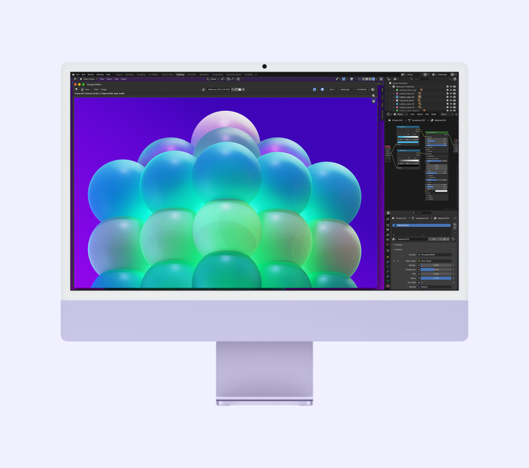 紫色 iMac 正面外观，屏幕显示图像编辑 app 中色彩缤纷的泡泡结构。