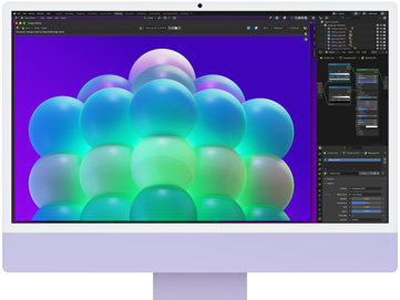 紫色 iMac 正面外观，屏幕显示图像编辑 app 中色彩缤纷的泡泡结构。
