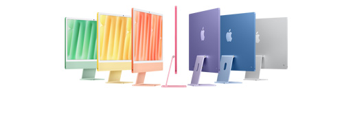 绿色、黄色、橙色、粉色、紫色、蓝色和银色七款 iMac 机型呈手风琴状排列。