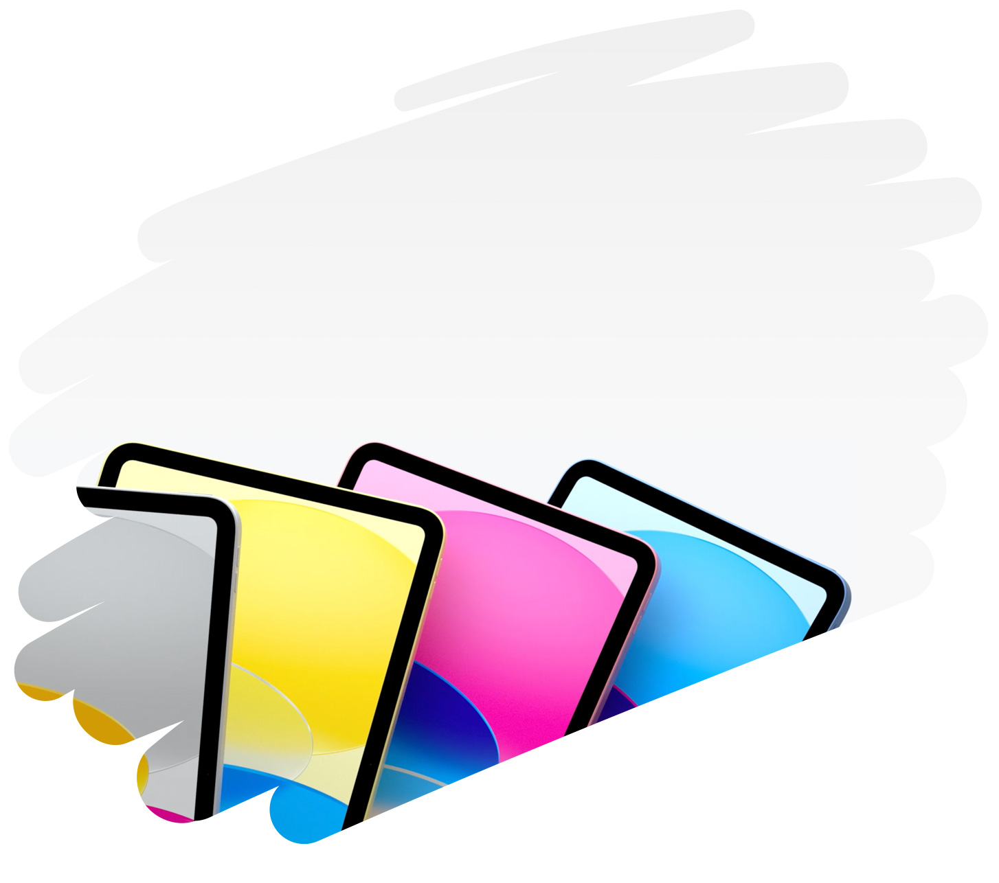 页面上涂抹着粗大的笔画线条，以此为背景呈现各款颜色的 iPad。