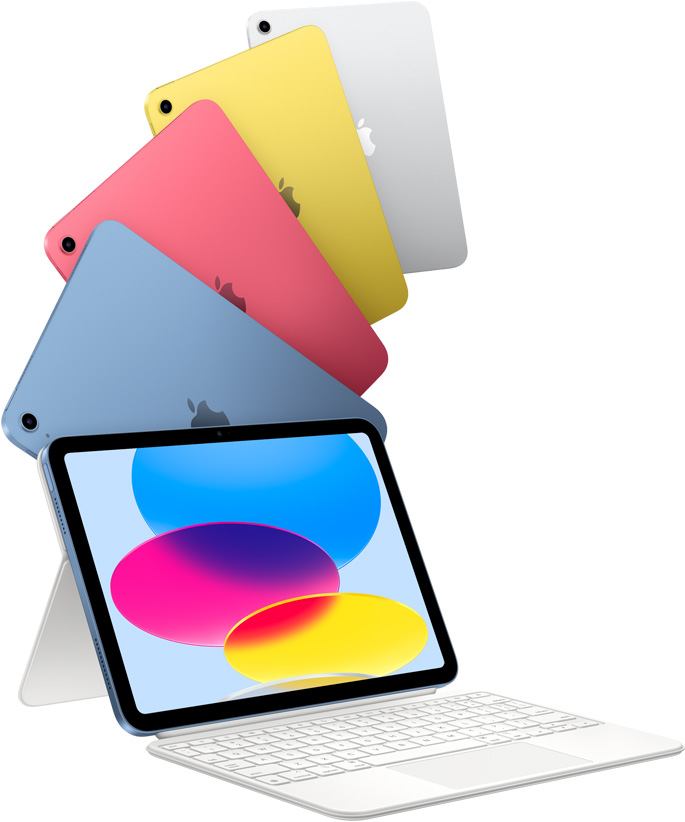 蓝色、粉色、黄色和银色 iPad，以及一台连接着妙控键盘双面夹的 iPad。