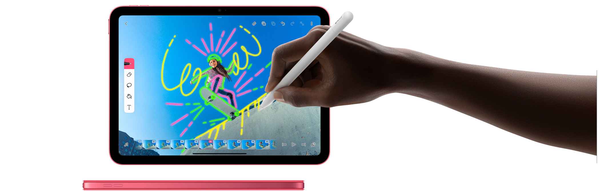 一只手握着 Apple Pencil 在 Flip-a-Clip app 中的视频上直接作画。