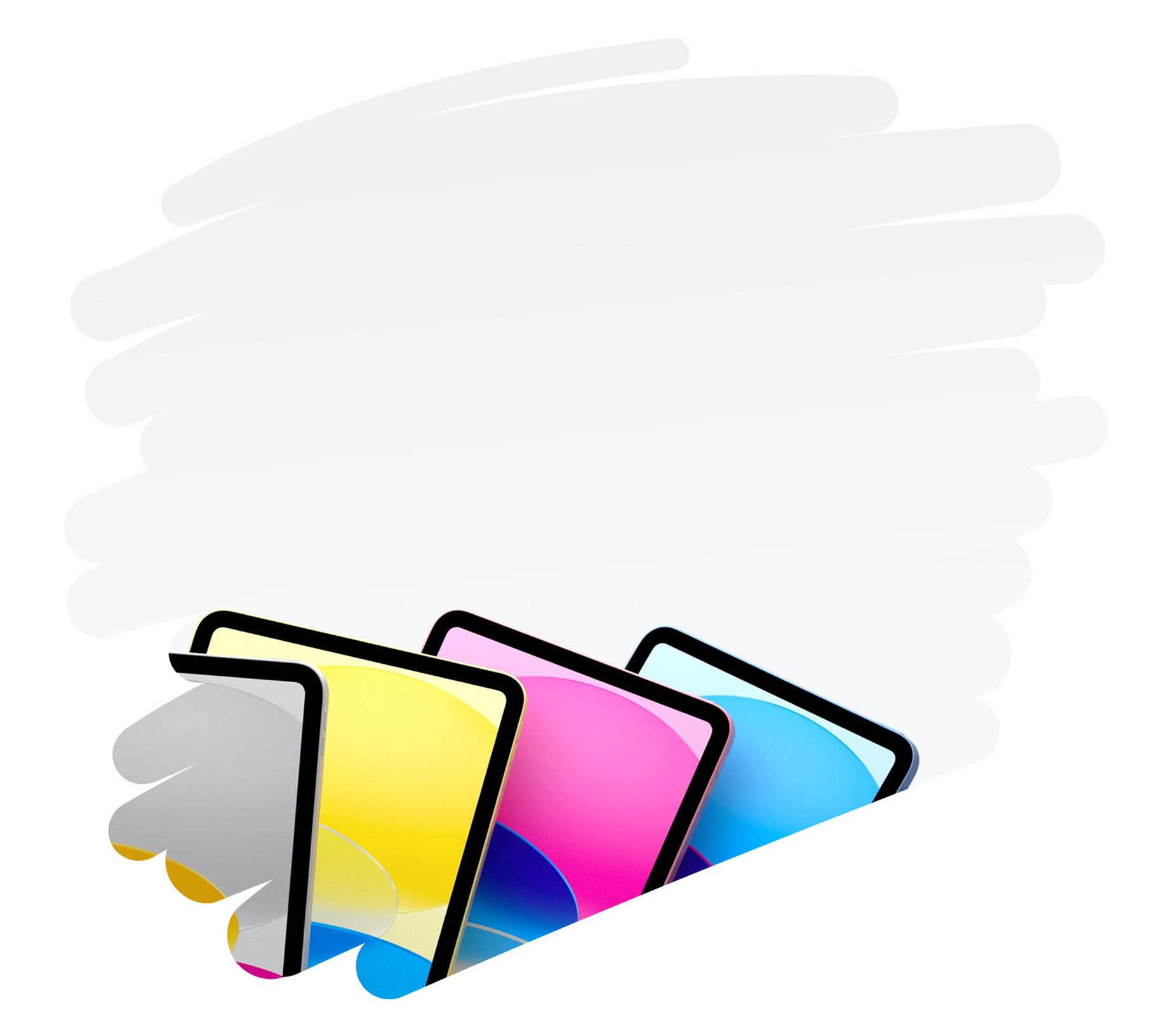 页面上用画笔线条涂出的一大片区域内，呈现各款颜色的 iPad。