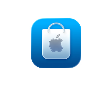 Apple Store 图标，蓝色背景映衬下的白色购物袋，配有灰色提手，袋身中央为 Apple 标志。