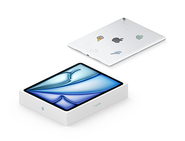 贴有贴纸的银色 iPad mini 背面视图，设备悬浮在其包装盒上方，包装盒上印有 iPad 正面视图的照片，屏幕显示蓝色抽象设计。