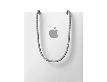 Apple Store 白色购物袋，配有灰色长提手，袋身正面中央靠上位置印有 Apple 标志。