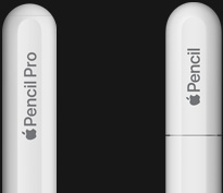 Apple Pencil Pro，圆润的尾端镌刻有 Apple Pencil Pro 字样；旁边是 Apple Pencil (USB-C)，尾端笔帽上镌刻有 Apple Pencil 字样。