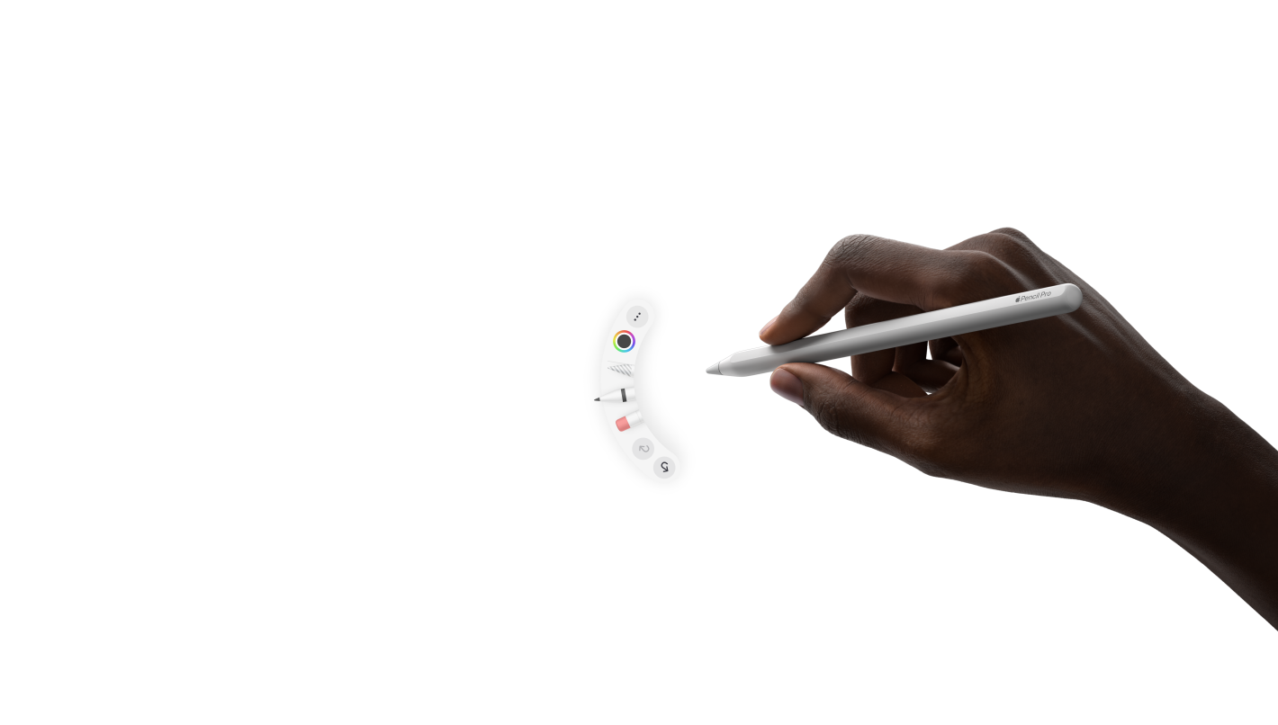 Apple Pencil Pro 轻捏手势的动画演示，屏幕展示弹出新的工具盘。